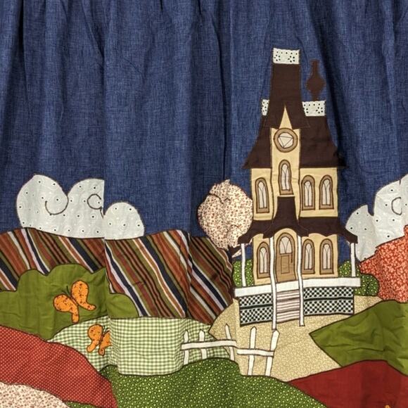 OOAK Vintage Boho 1970s Handmade Wrap Skirt Appliqued Gothic House Fields Clouds